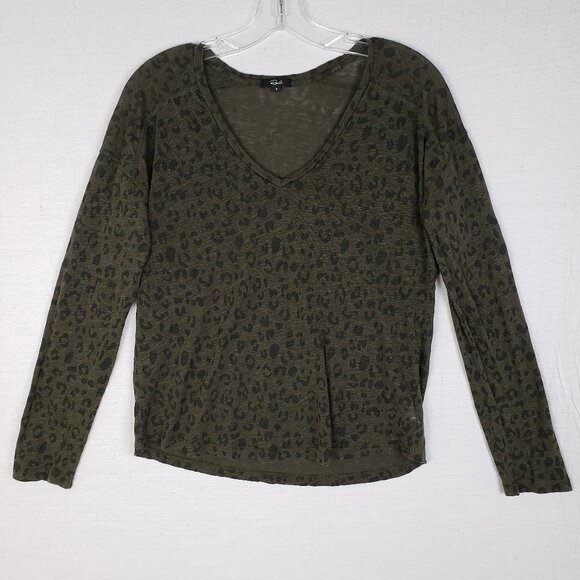 RAILS Sami Long Sleeve Top Linen Blend Cheetah Print Olive Green V-neck size S - Picture 2 of 12